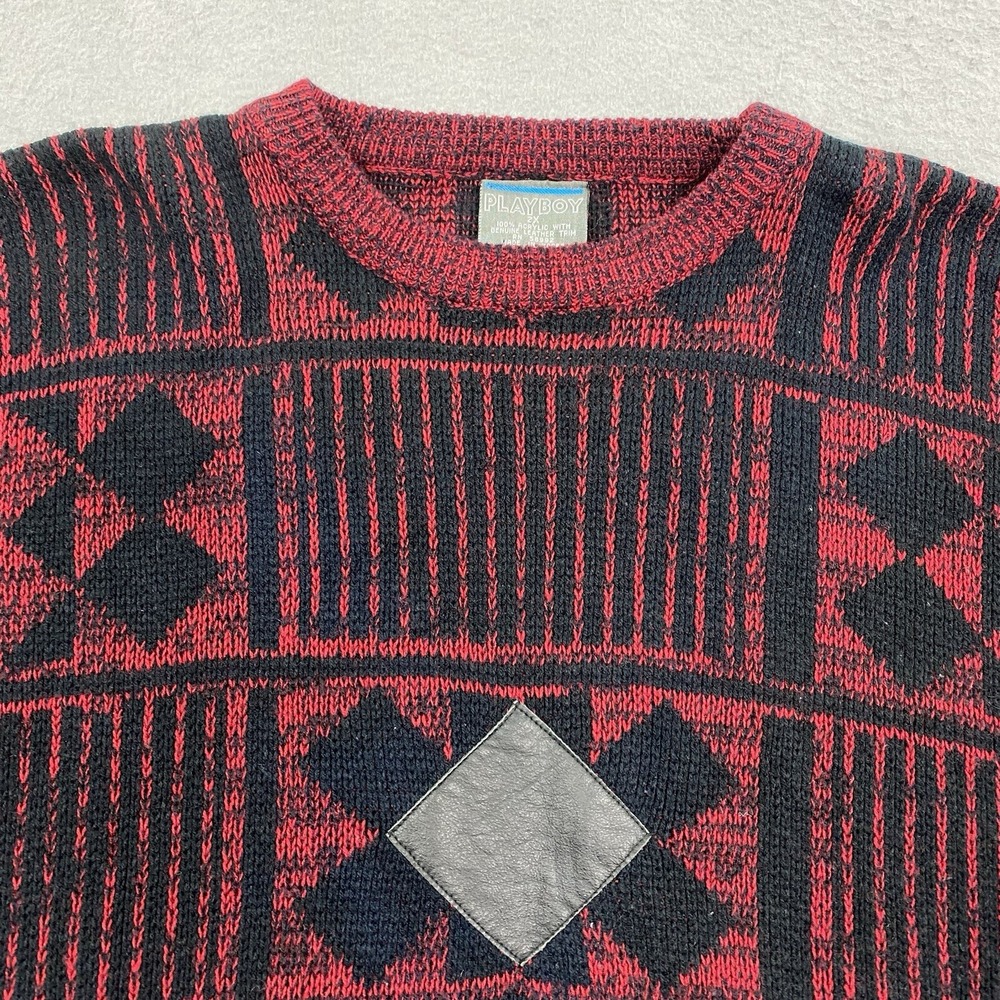 Vintage Playboy Sweater Mens 2X Red Black Pullover Crew Neck Leather Trim - Picture 3 of 9